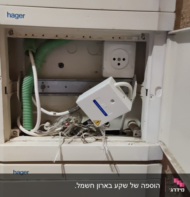 ארון חשמל פתוח עם חוטים חשופים ושקע חשמל